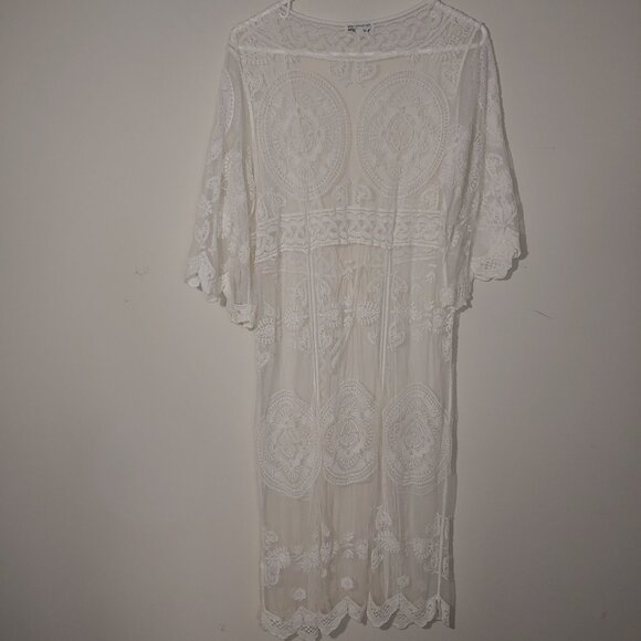 Rebellion White Lacy Duster Cardigan Beach Cover up Size S - Picture 7 of 9